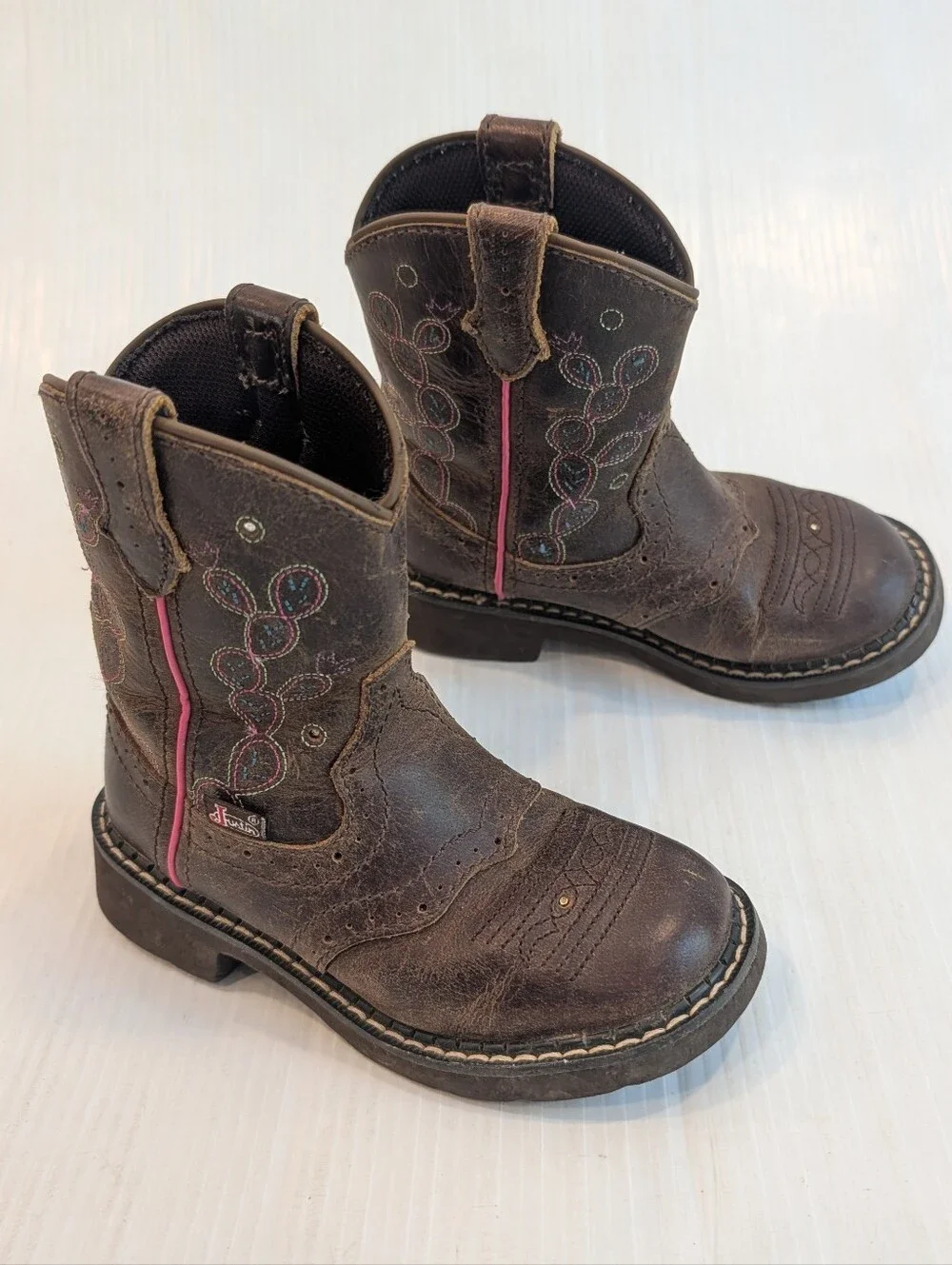Kids Brown Western Cowboy Boots with Pink Accents